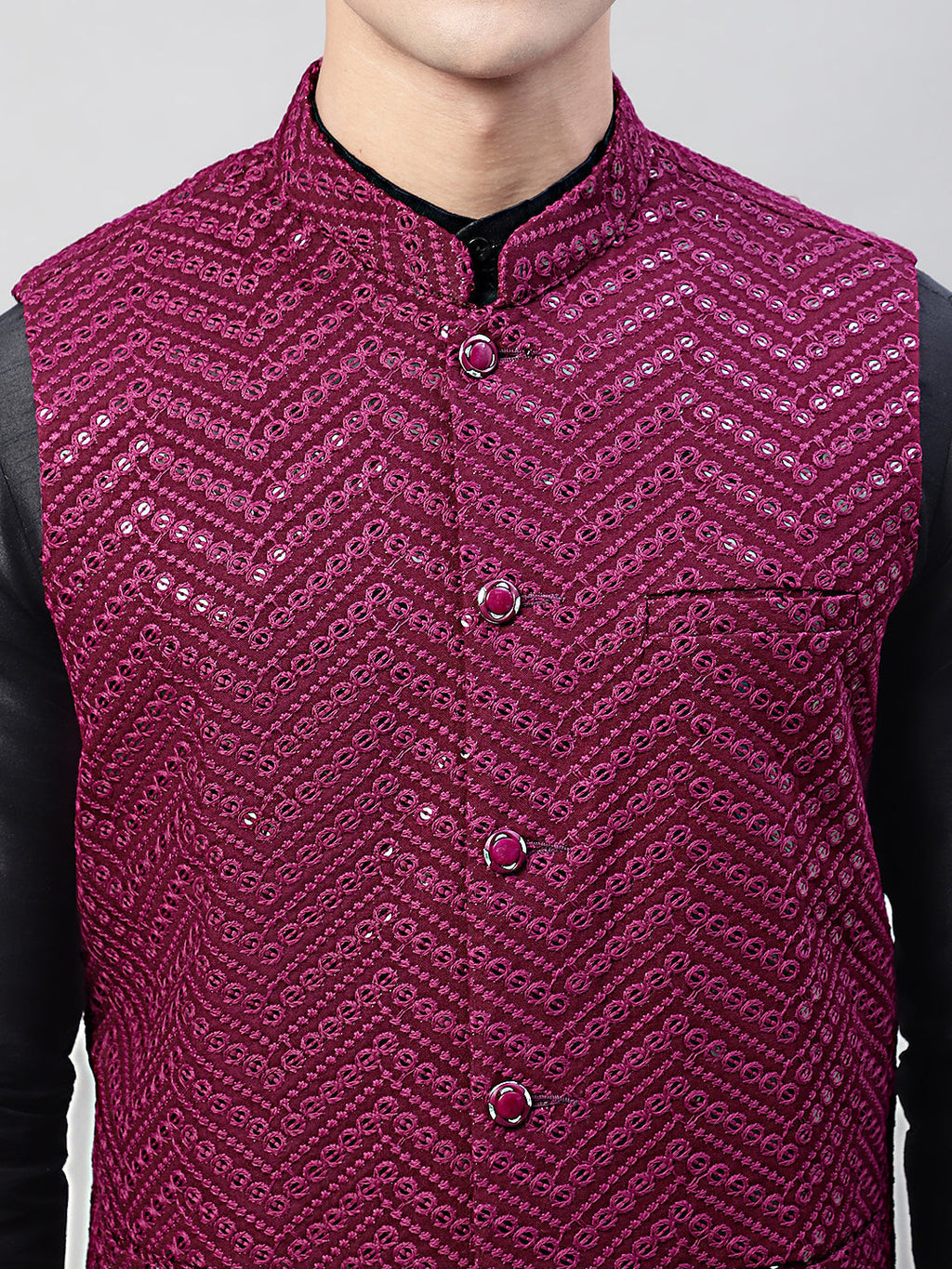 Jompers Men's Black Solid Kurta Pyjama with Purple Embroidered Nehru Jacket