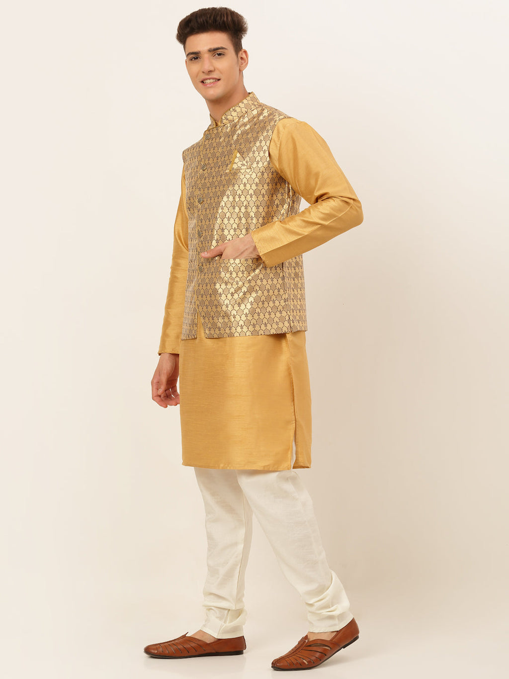 Jompers Men's Solid Kurta Pyjama With Nehru Jacket - DGolden
