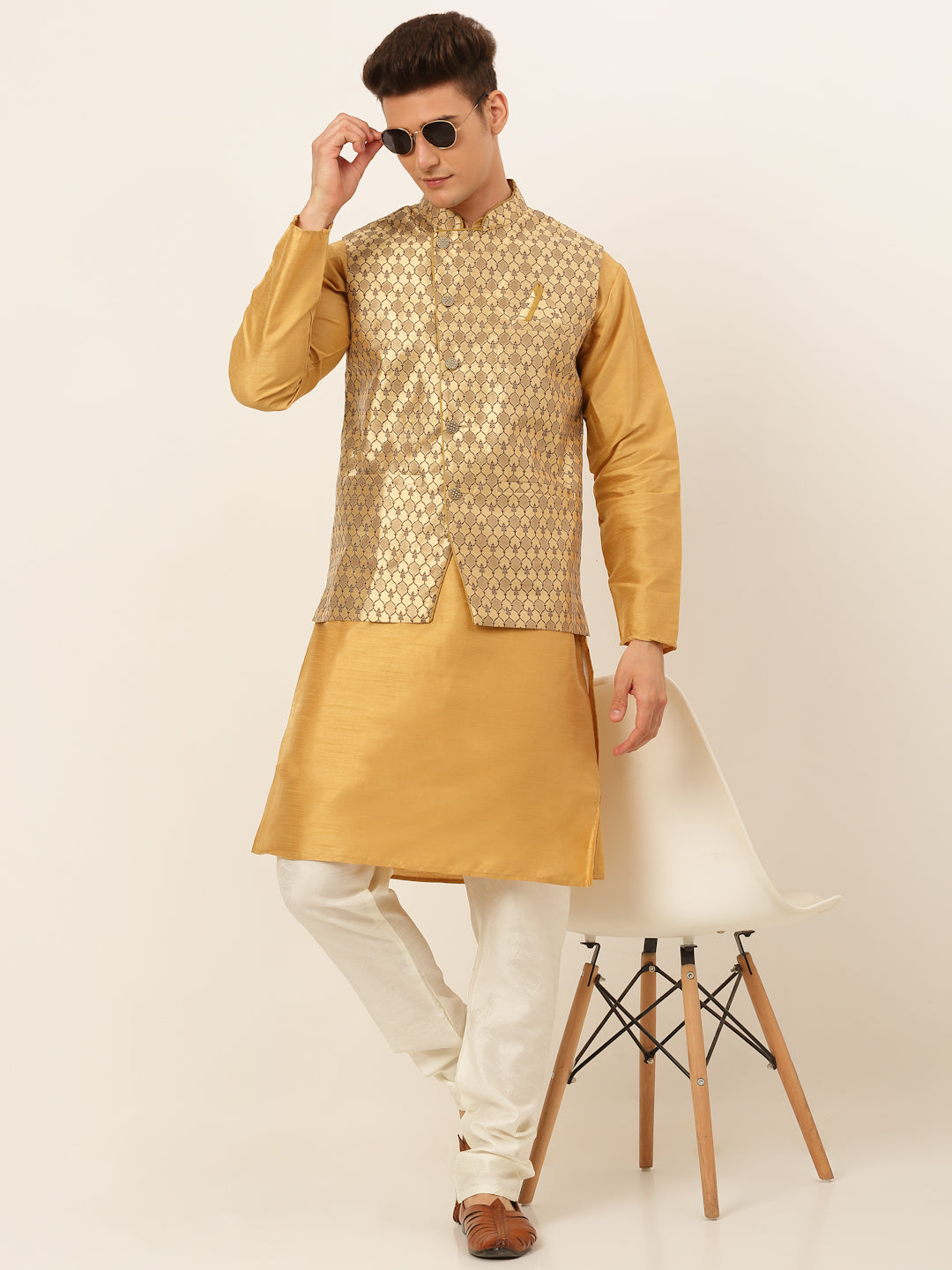 Jompers Men's Solid Kurta Pyjama With Nehru Jacket - DGolden
