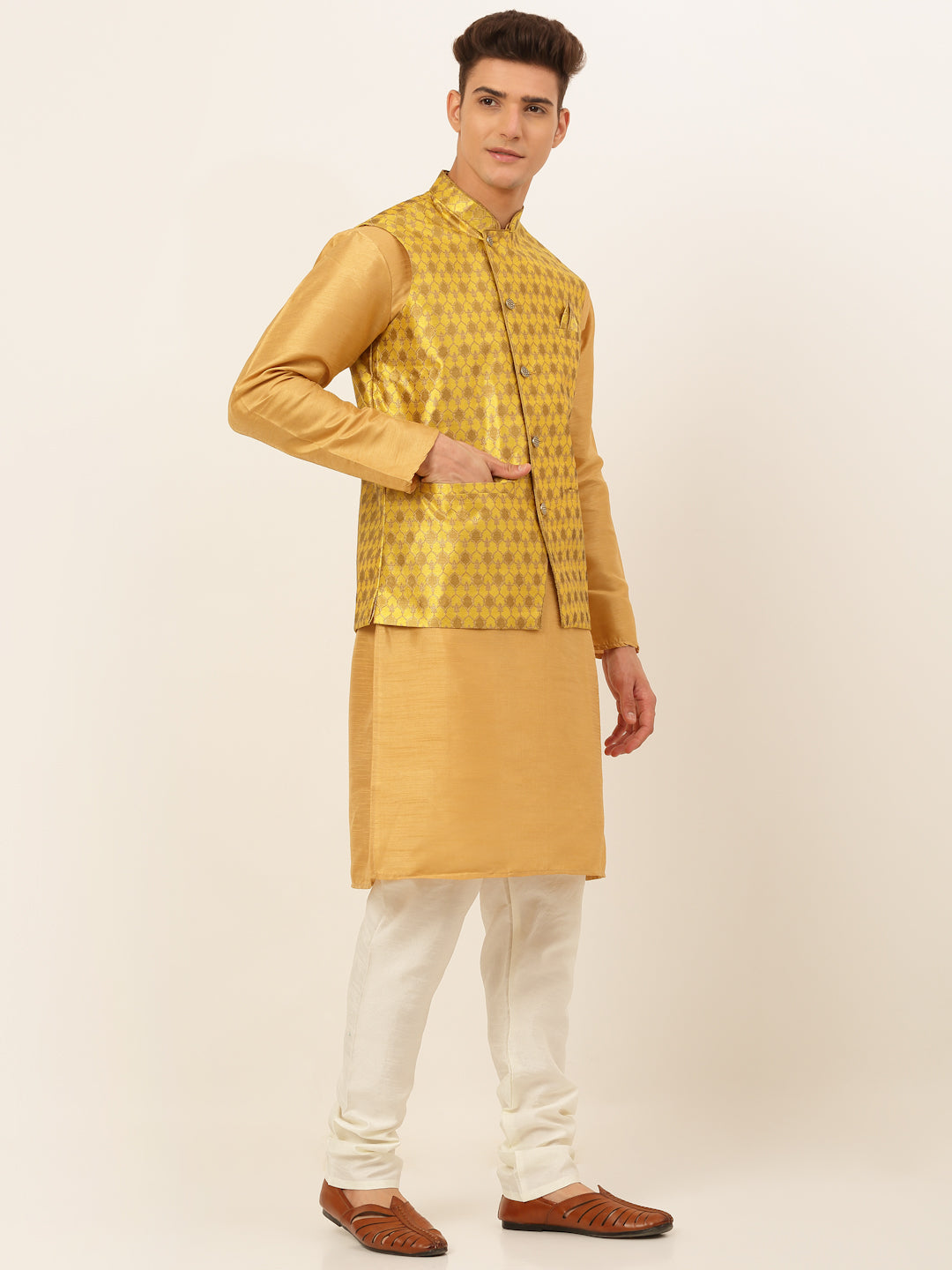 Jompers Men's Solid Kurta Pyjama With Nehru Jacket - DMustard