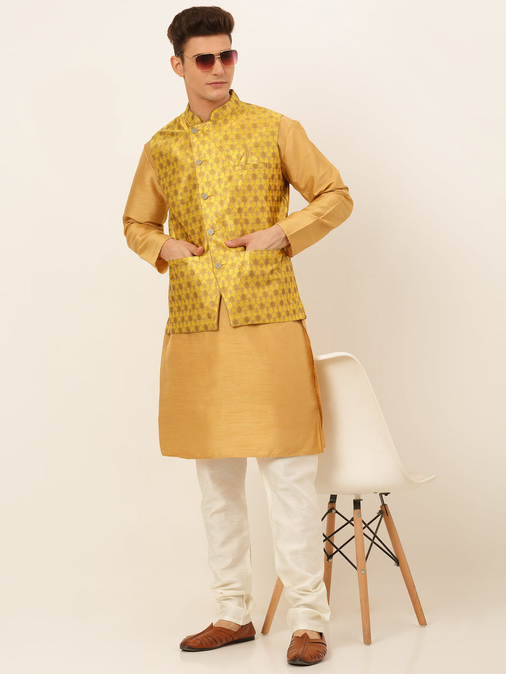 Jompers Men's Solid Kurta Pyjama With Nehru Jacket - DMustard