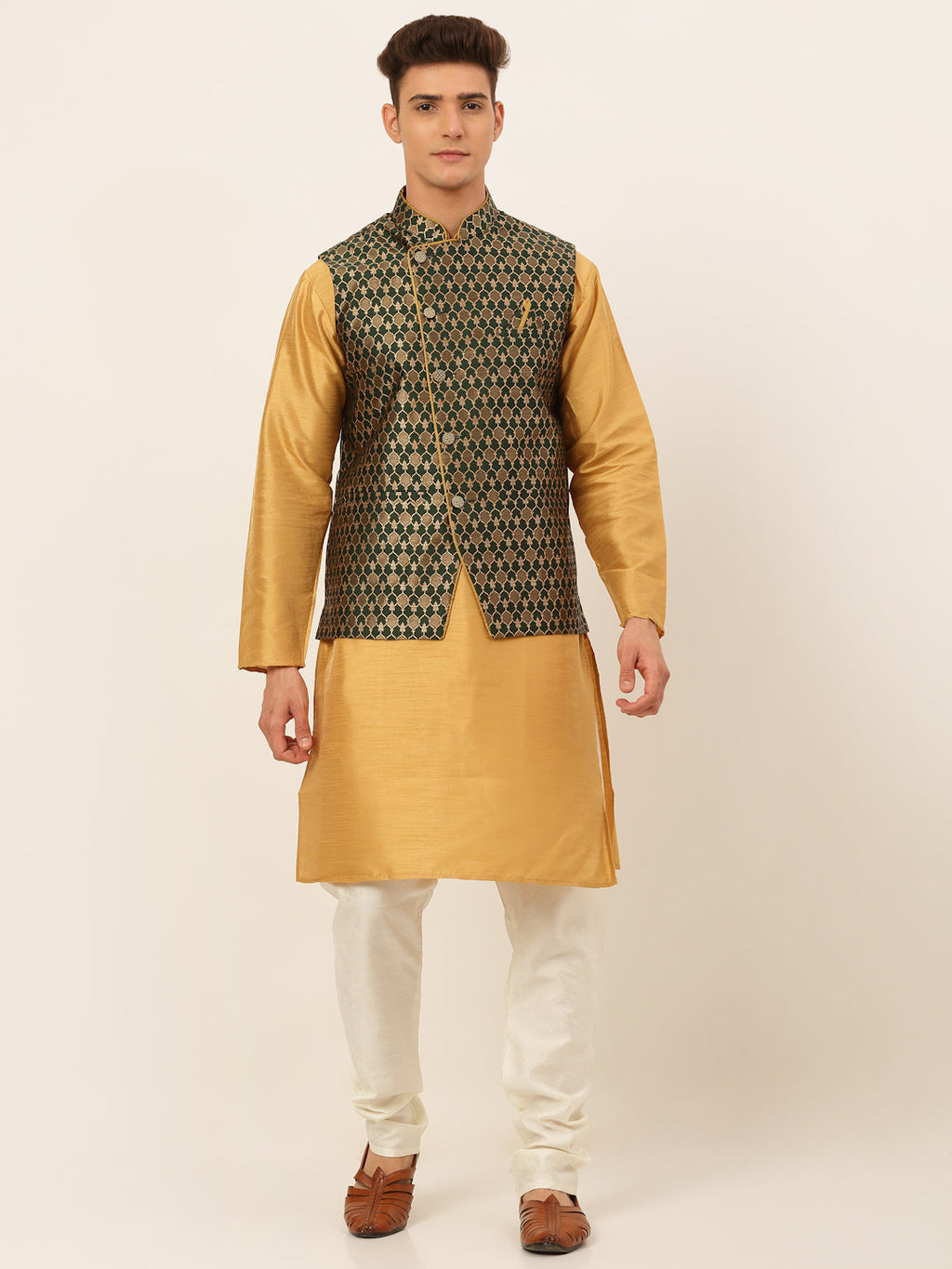 Jompers Men's Solid Kurta Pyjama With Nehru Jacket - DOlive