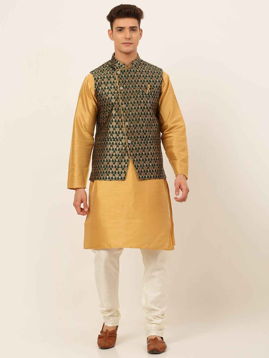 Jompers Men's Solid Kurta Pyjama With Nehru Jacket - DOlive
