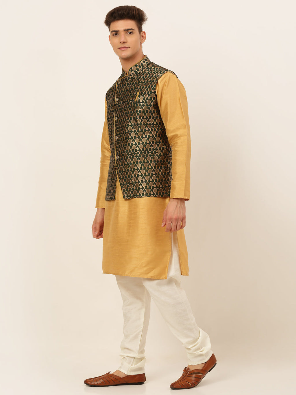 Jompers Men's Solid Kurta Pyjama With Nehru Jacket - DOlive