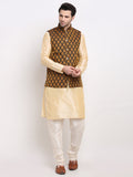 Jompers Men's Golden Dupion Silk Kurta with Churidar & Nehru Jacket ( Black )