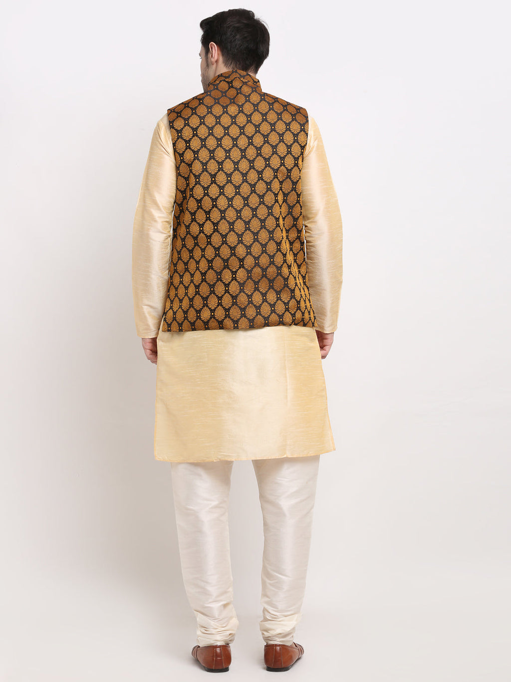Jompers Men's Golden Dupion Silk Kurta with Churidar & Nehru Jacket ( Black )