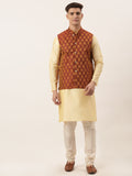 Jompers Men's Woven Design Nehru Jacket and Kurta Pyjama Set - Maroon