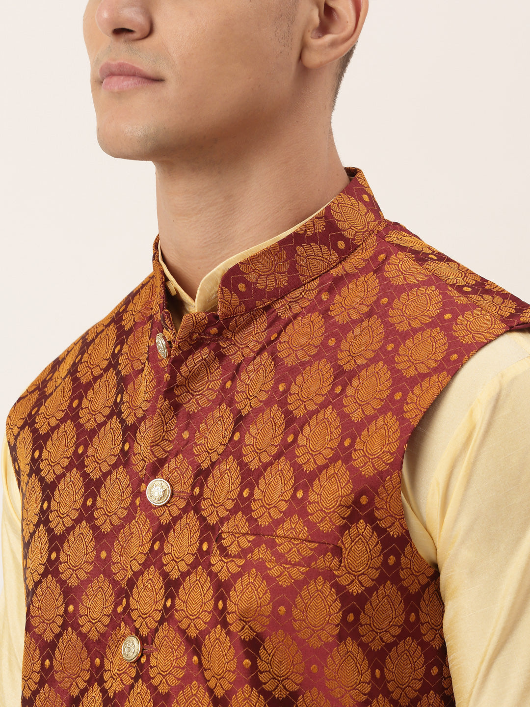 Jompers Men's Woven Design Nehru Jacket and Kurta Pyjama Set - Maroon