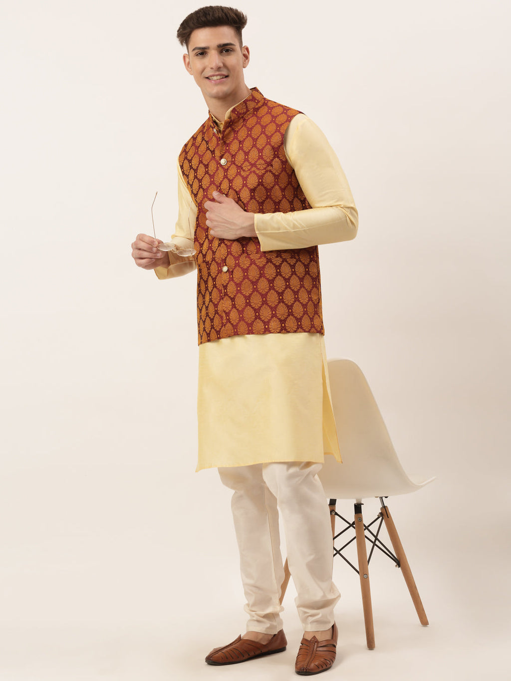 Jompers Men's Woven Design Nehru Jacket and Kurta Pyjama Set - Maroon