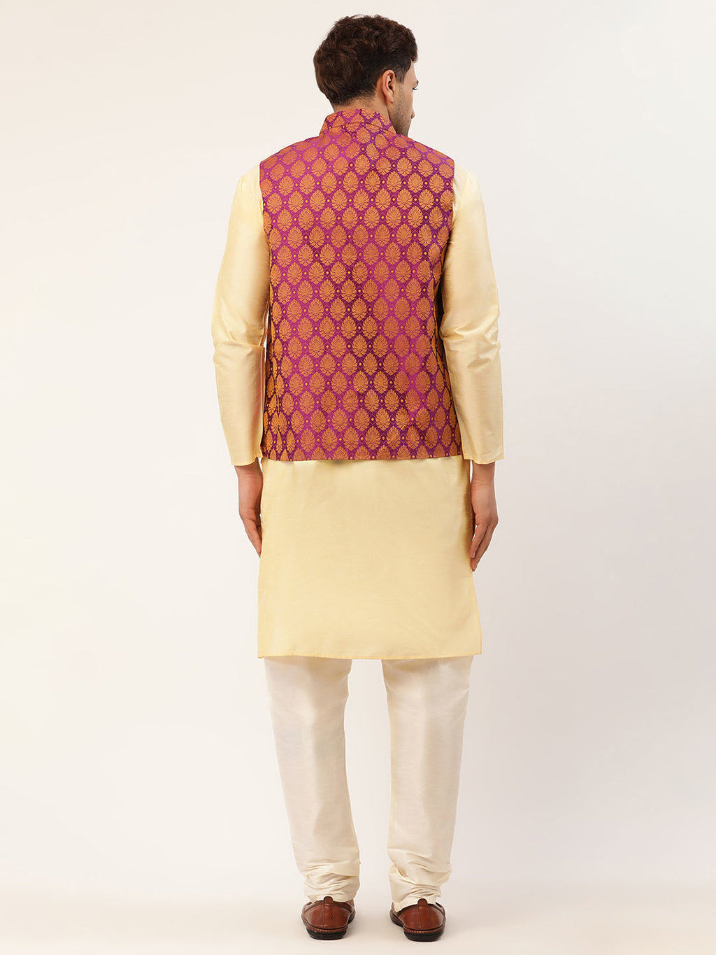 Jompers Men's Woven Design Nehru Jacket and Kurta Pyjama Set - Pink