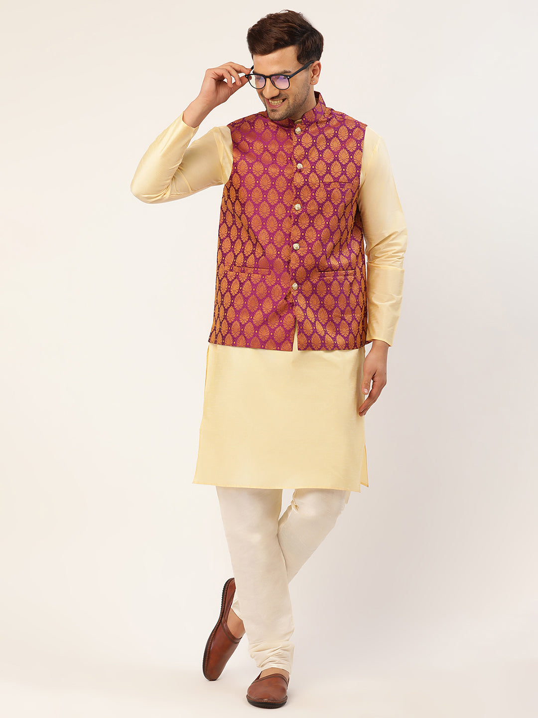 Jompers Men's Woven Design Nehru Jacket and Kurta Pyjama Set - Pink