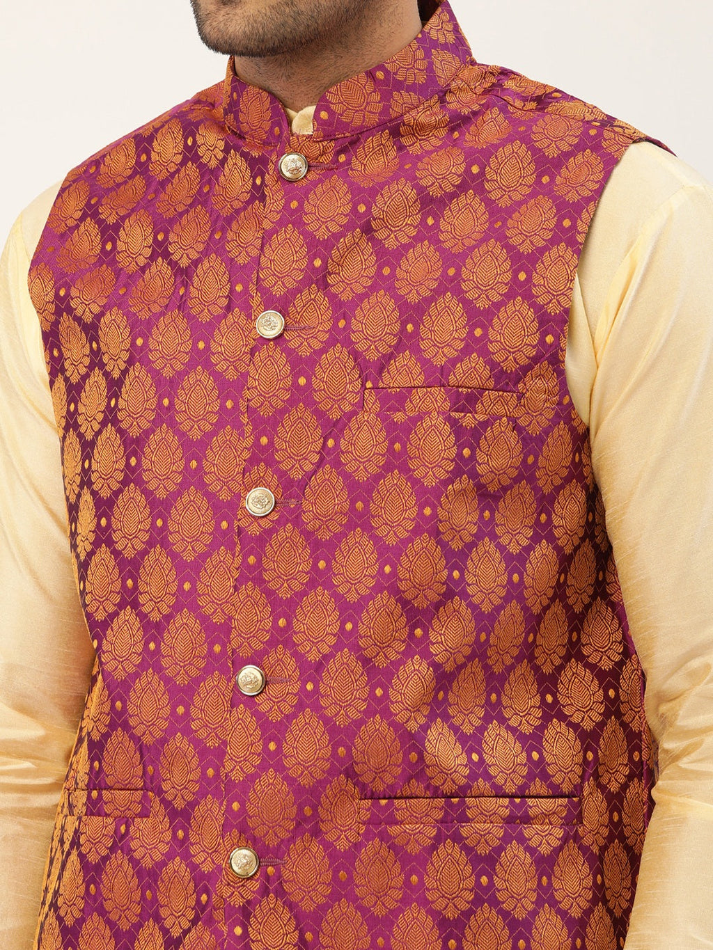 Jompers Men's Woven Design Nehru Jacket and Kurta Pyjama Set - Pink