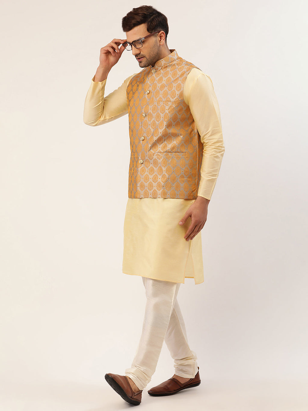 Jompers Men's Woven Design Nehru Jacket and Kurta Pyjama Set - Silver