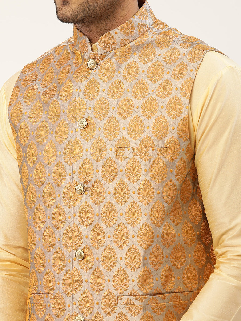 Jompers Men's Woven Design Nehru Jacket and Kurta Pyjama Set - Silver