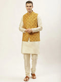 Jompers Men's Printed Nehru Jacket and Kurta Pyjama Set - Mustard