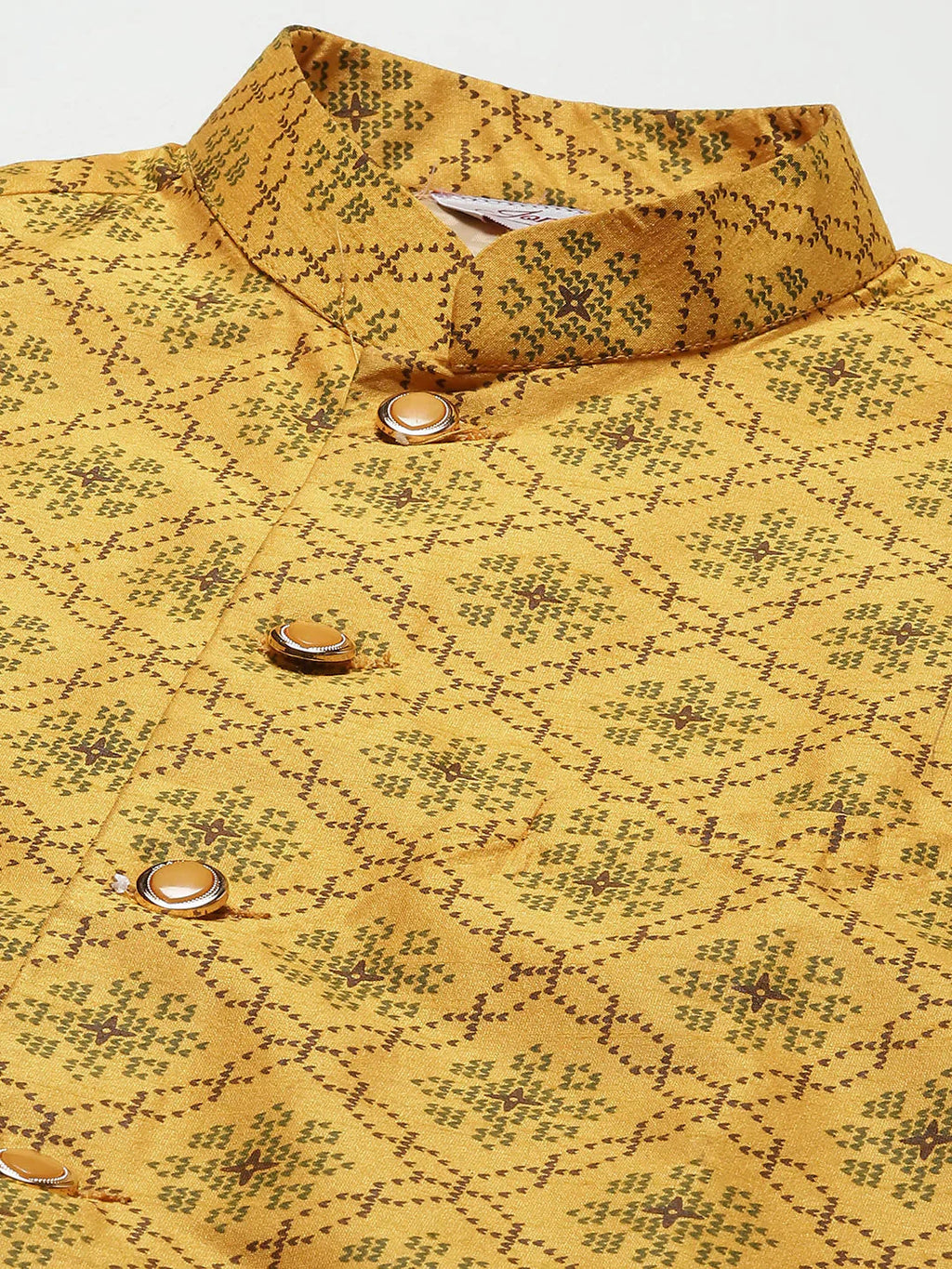 Jompers Men's Printed Nehru Jacket and Kurta Pyjama Set - Mustard