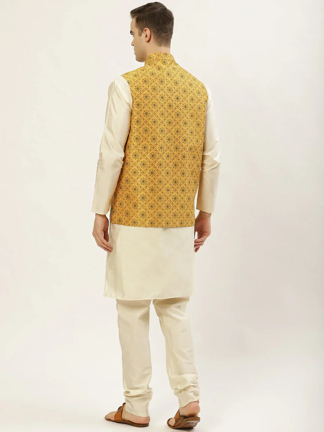 Jompers Men's Printed Nehru Jacket and Kurta Pyjama Set - Mustard
