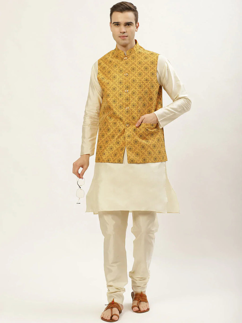 Jompers Men's Printed Nehru Jacket and Kurta Pyjama Set - Mustard