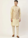 Jompers Men's Solid Kurta Pyjama With Floral Cream Printed Nehru Jacket