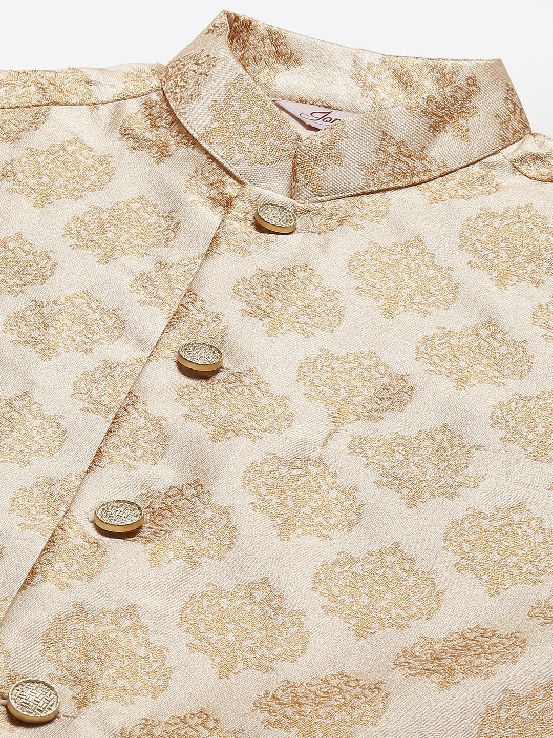 Jompers Men's Solid Kurta Pyjama With Floral Cream Printed Nehru Jacket