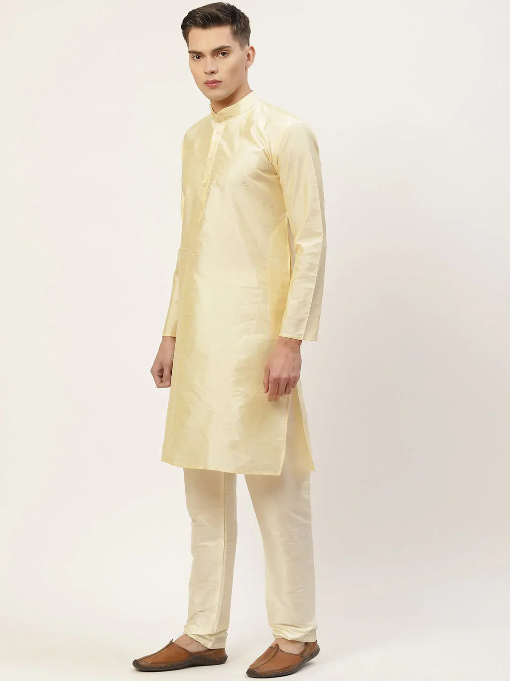 Jompers Men's Solid Kurta Pyjama With Floral Cream Printed Nehru Jacket