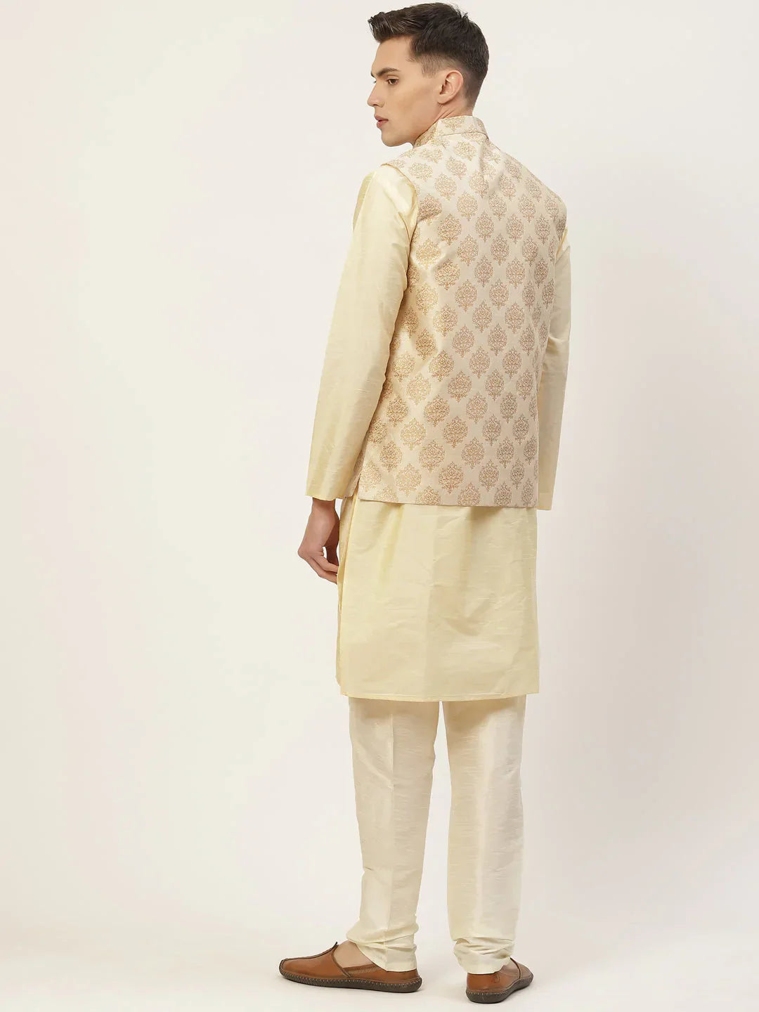 Jompers Men's Solid Kurta Pyjama With Floral Cream Printed Nehru Jacket