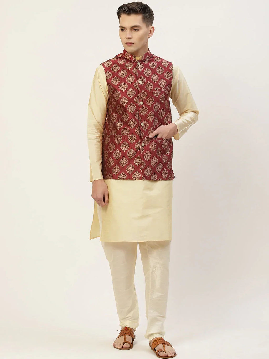 Jompers Men's Solid Kurta Pyjama With Floral Maroon Printed Nehru Jacket