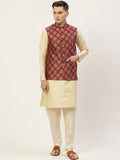 Jompers Men's Solid Kurta Pyjama With Floral Maroon Printed Nehru Jacket