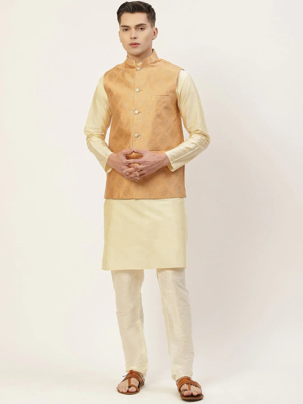 Jompers Men's Solid Kurta Pyjama With Floral Peach Printed Nehru Jacket