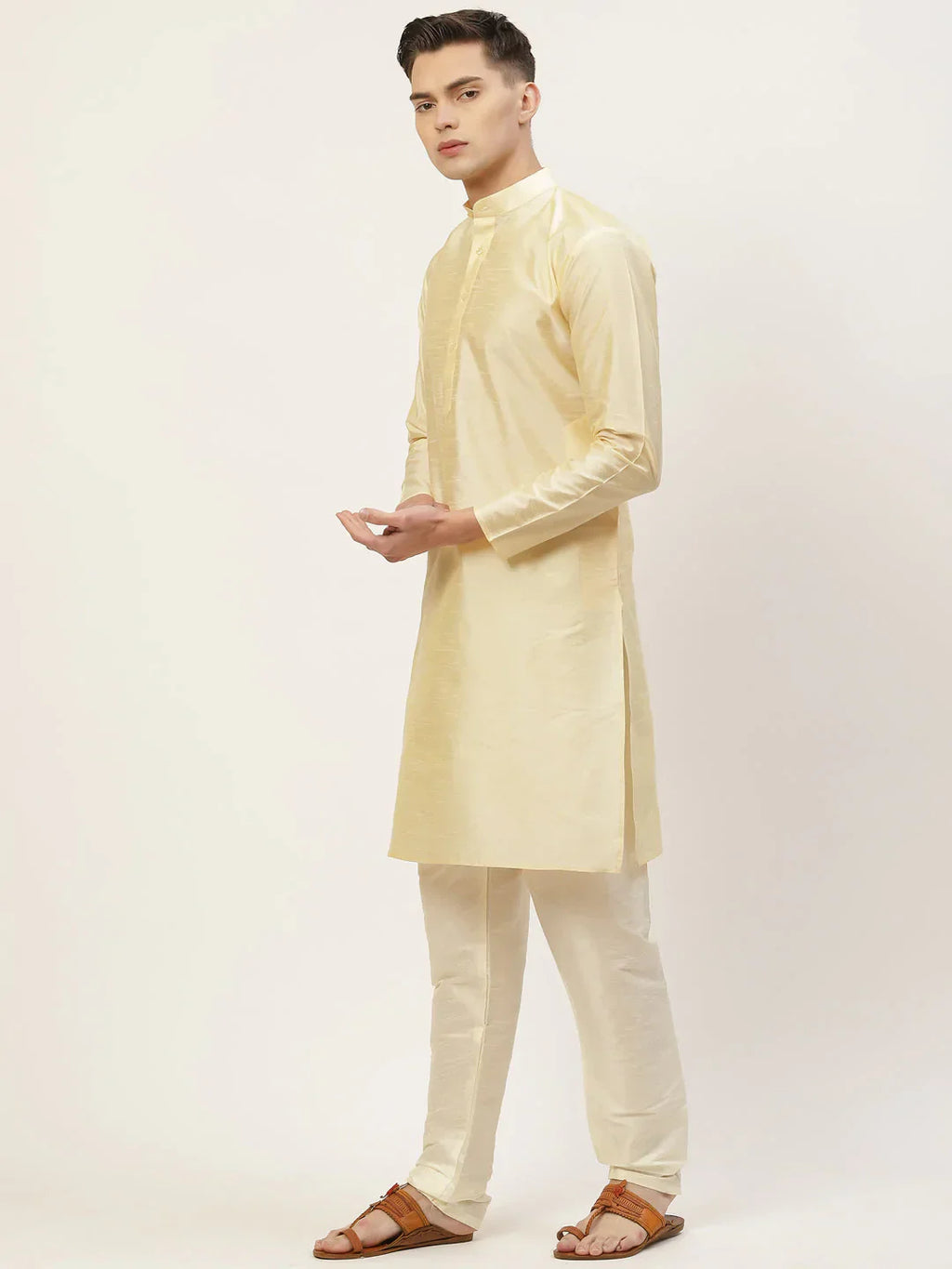 Jompers Men's Solid Kurta Pyjama With Floral Peach Printed Nehru Jacket