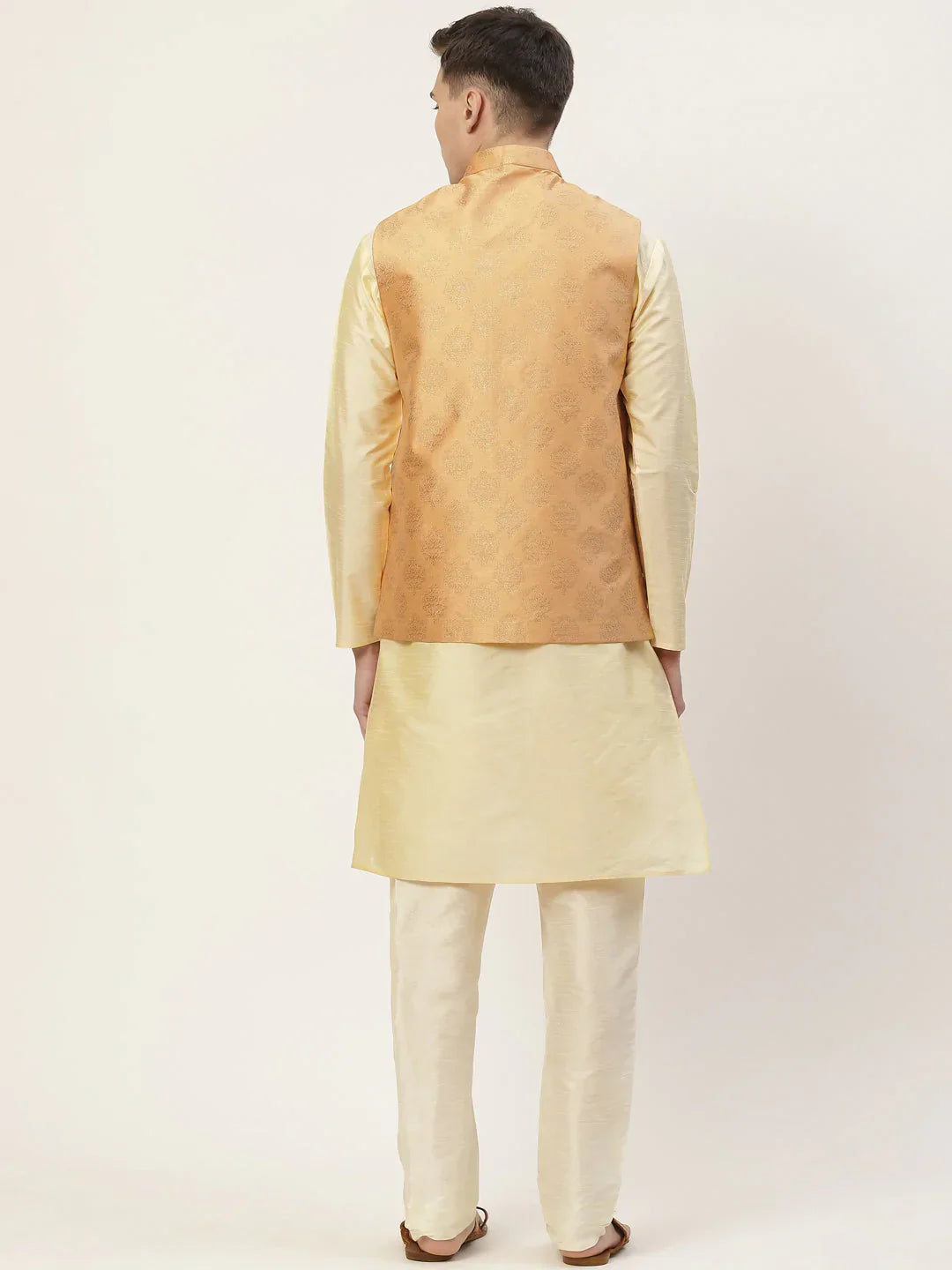 Jompers Men's Solid Kurta Pyjama With Floral Peach Printed Nehru Jacket