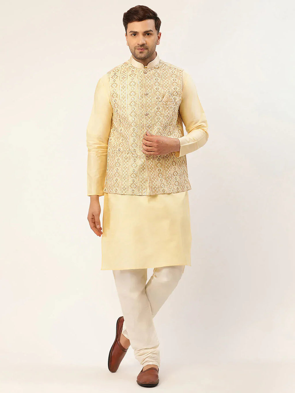 Jompers Men's Solid Kurta Pyjama With Cream Embroidered Nehru Jacket