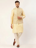 Jompers Men's Solid Kurta Pyjama With Cream Embroidered Nehru Jacket