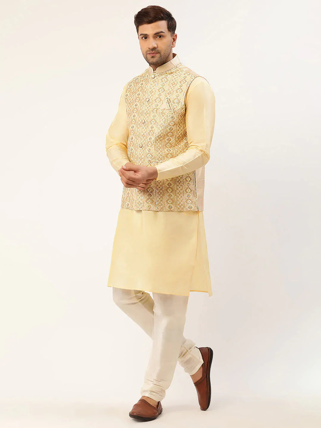Jompers Men's Solid Kurta Pyjama With Cream Embroidered Nehru Jacket