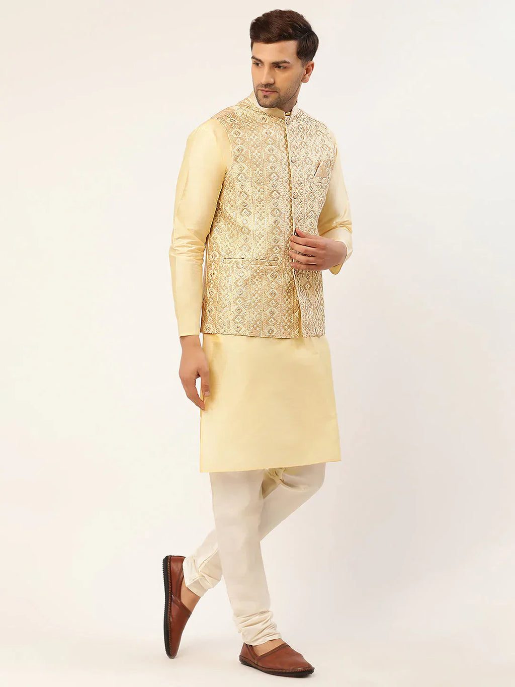 Jompers Men's Solid Kurta Pyjama With Cream Embroidered Nehru Jacket