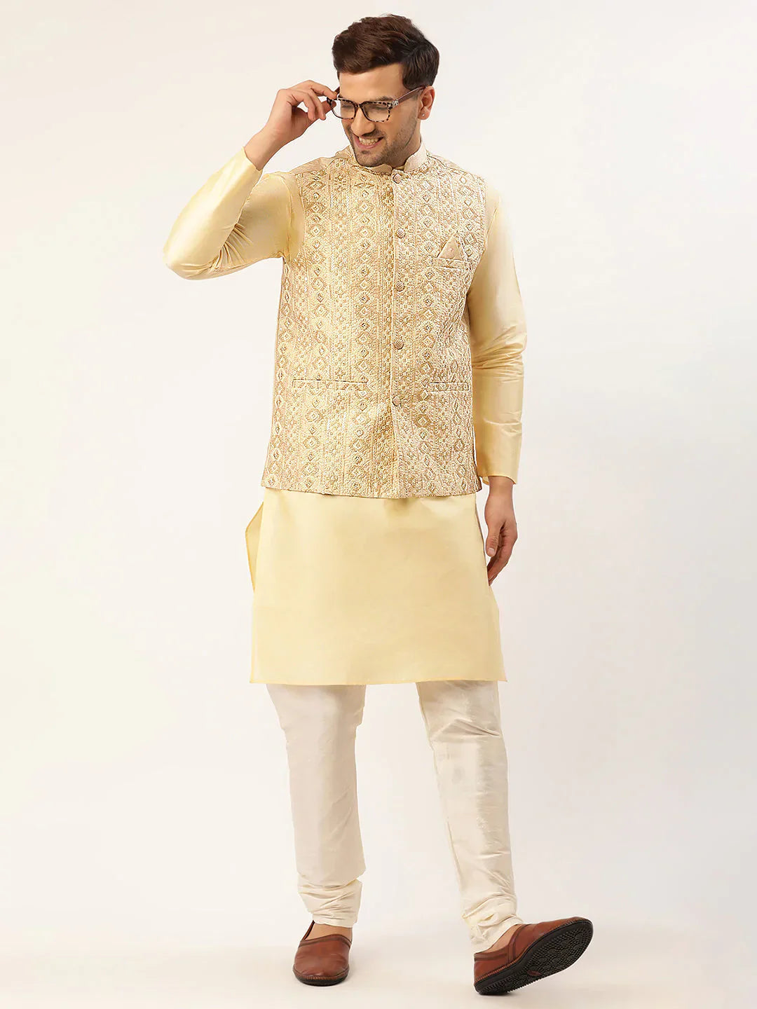 Jompers Men's Solid Kurta Pyjama With Cream Embroidered Nehru Jacket