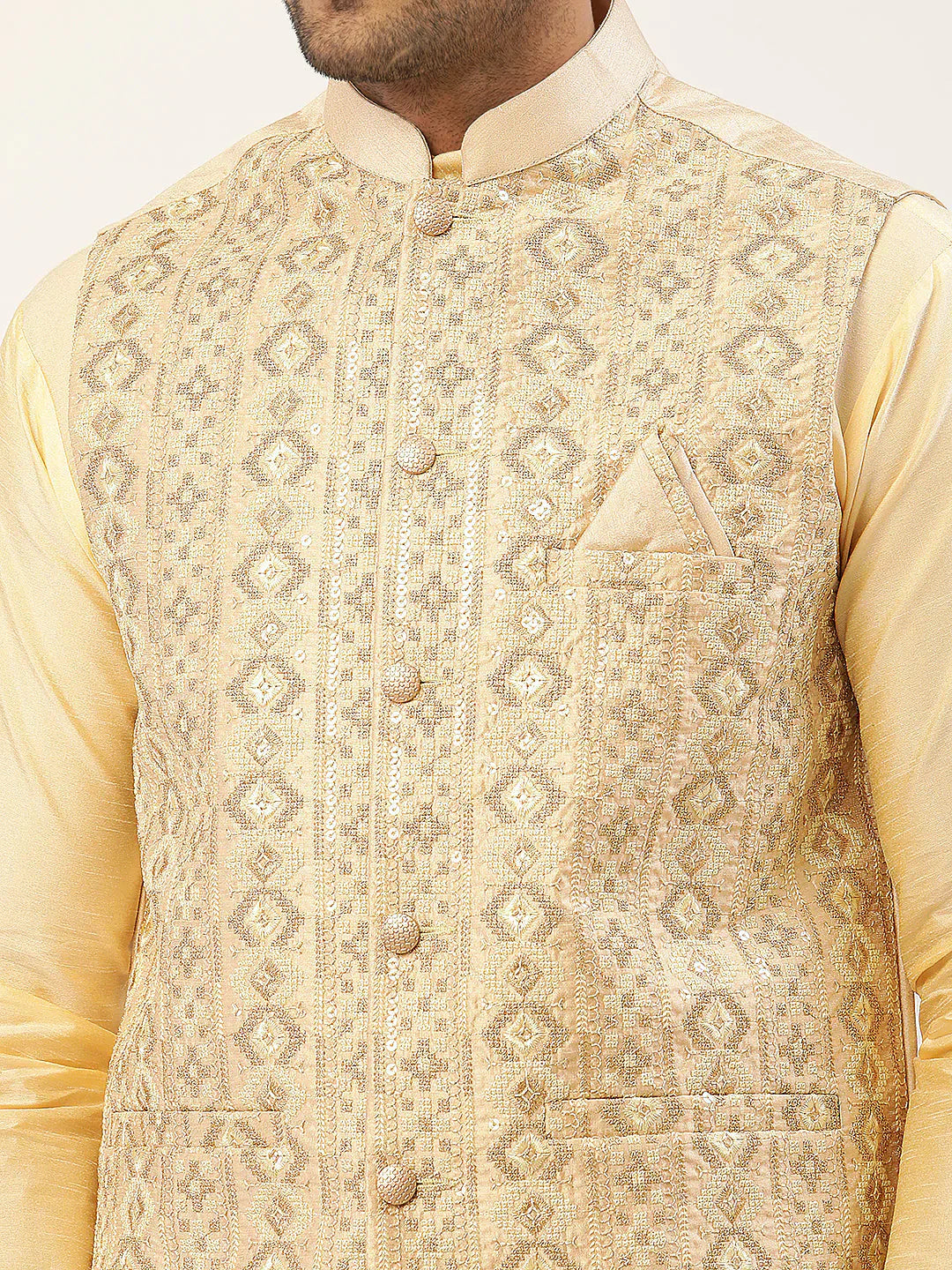 Jompers Men's Solid Kurta Pyjama With Cream Embroidered Nehru Jacket