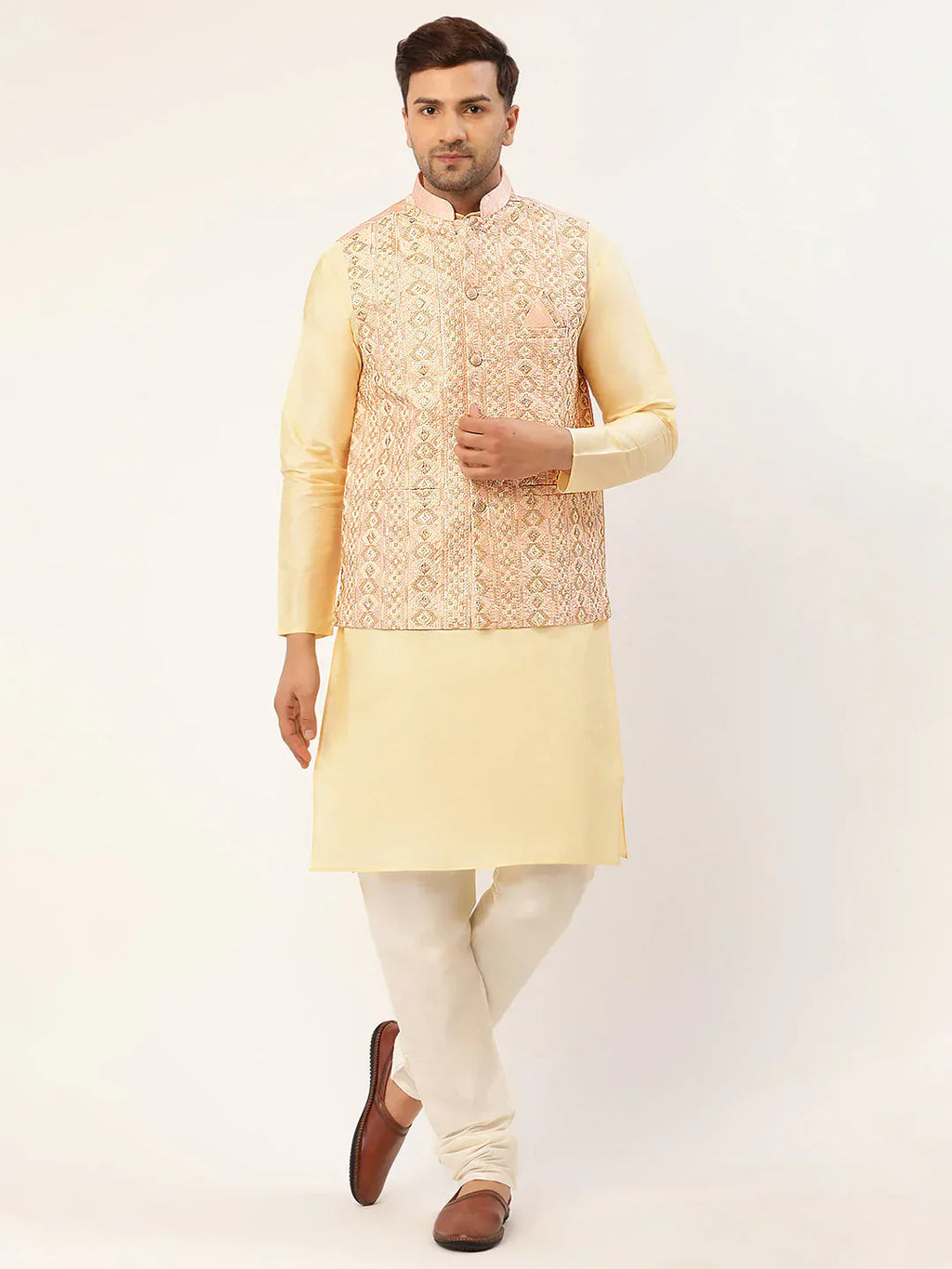 Jompers Men's Solid Kurta Pyjama With Pink Embroidered Nehru Jacket