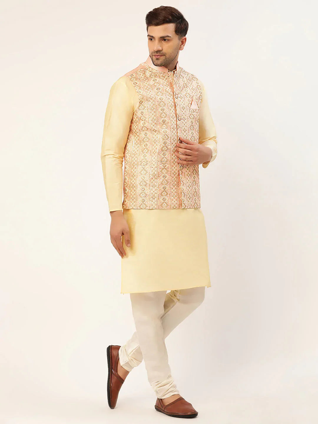 Jompers Men's Solid Kurta Pyjama With Pink Embroidered Nehru Jacket