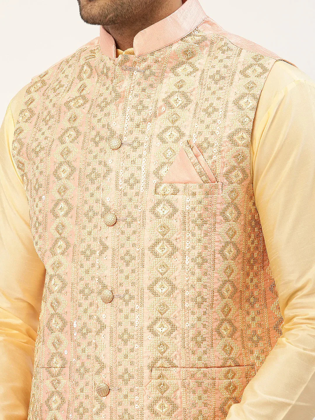 Jompers Men's Solid Kurta Pyjama With Pink Embroidered Nehru Jacket