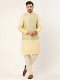 Jompers Men's Solid Kurta Pyjama With Pista Green Embroidered Nehru Jacket
