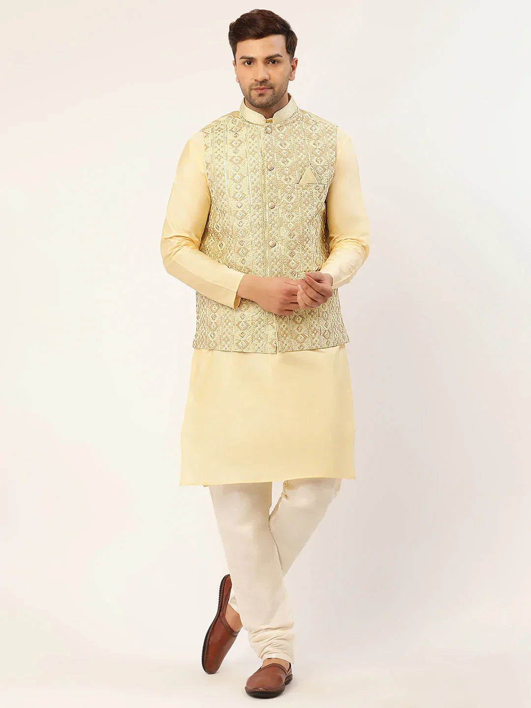Jompers Men's Solid Kurta Pyjama With Pista Green Embroidered Nehru Jacket