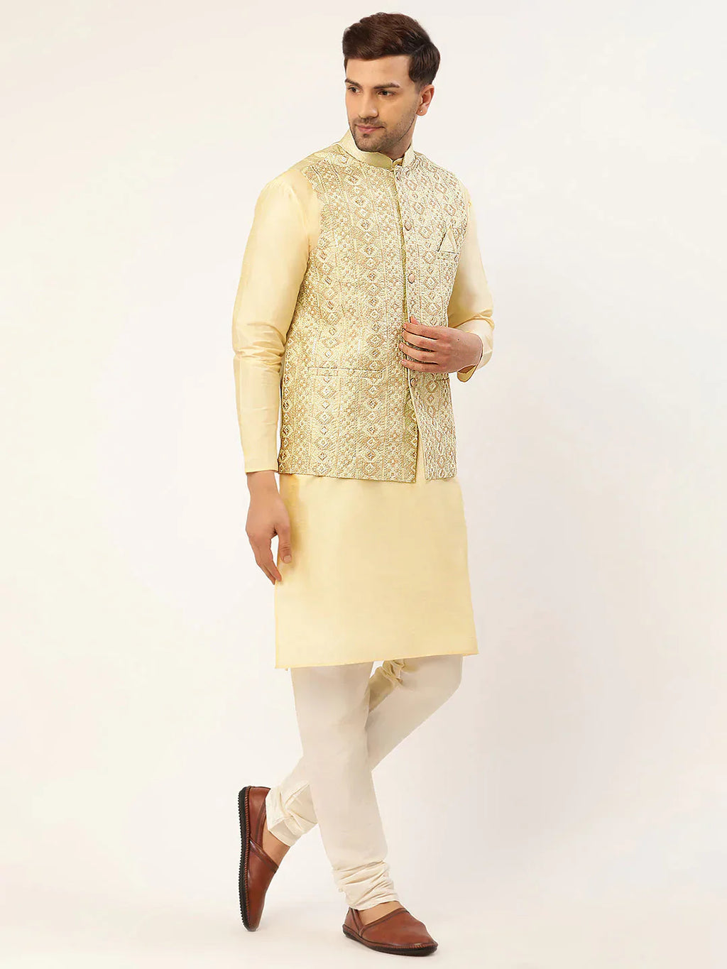 Jompers Men's Solid Kurta Pyjama With Pista Green Embroidered Nehru Jacket