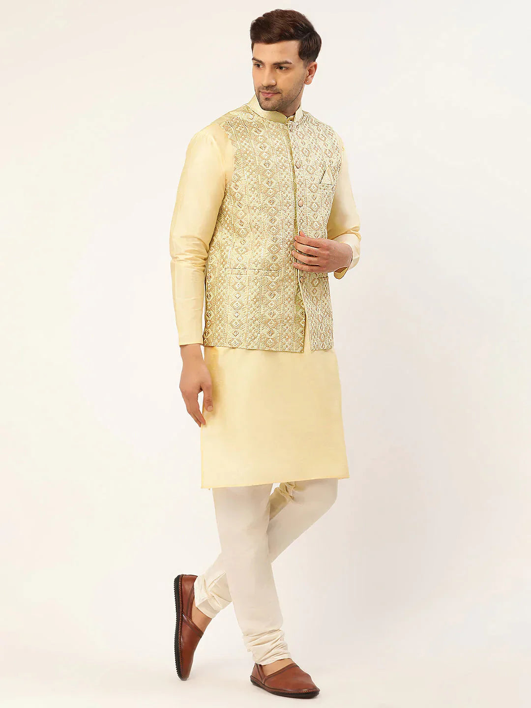 Jompers Men's Solid Kurta Pyjama With Pista Green Embroidered Nehru Jacket