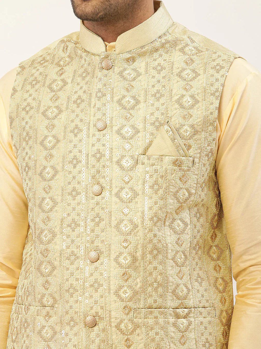 Jompers Men's Solid Kurta Pyjama With Pista Green Embroidered Nehru Jacket