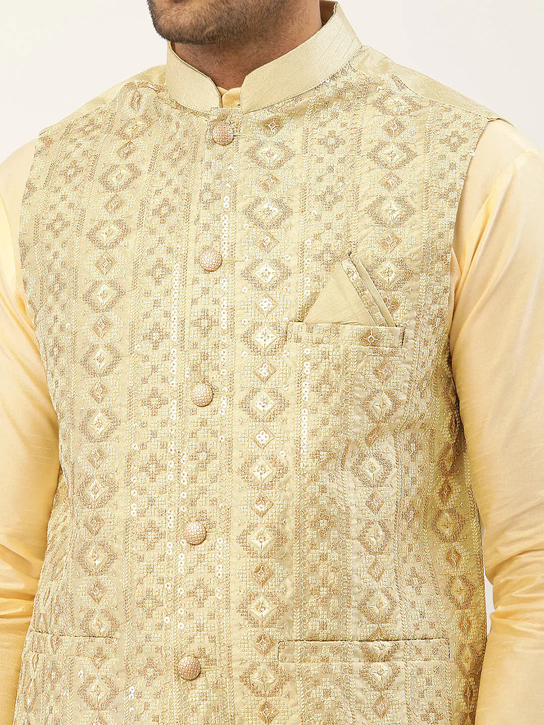 Jompers Men's Solid Kurta Pyjama With Pista Green Embroidered Nehru Jacket