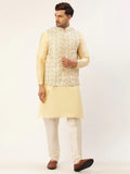 Jompers Men's Solid Kurta Pyjama With White Embroidered Nehru Jacket