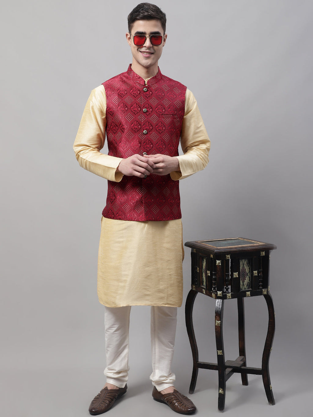 Jompers Men's Golden Solid Kurta Pyjama with Maroon Woven Design Nehru Jacket