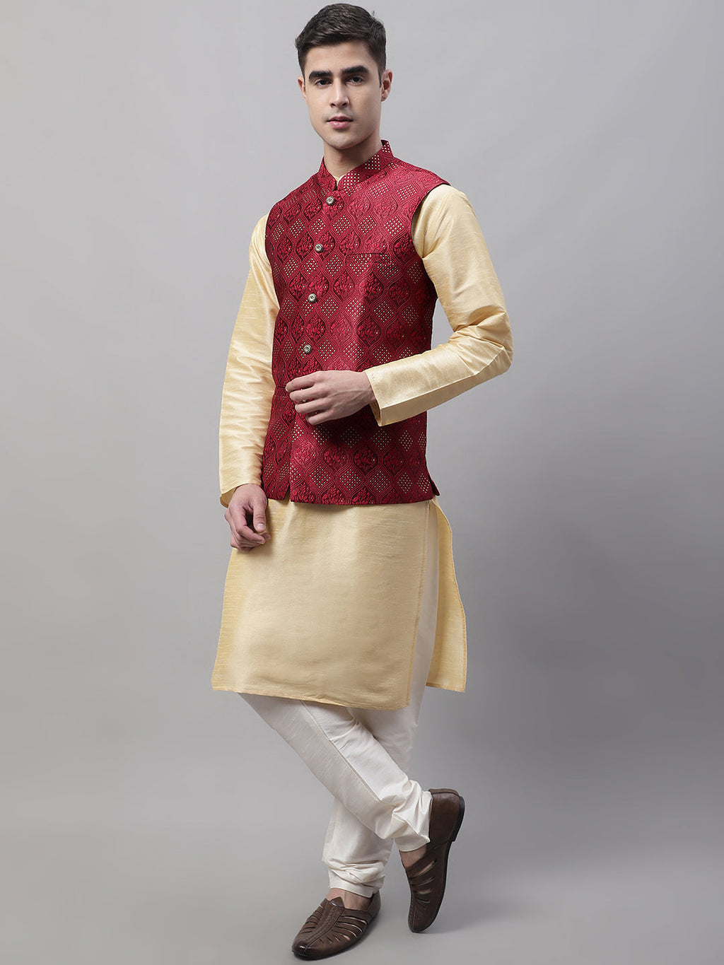 Jompers Men's Golden Solid Kurta Pyjama with Maroon Woven Design Nehru Jacket