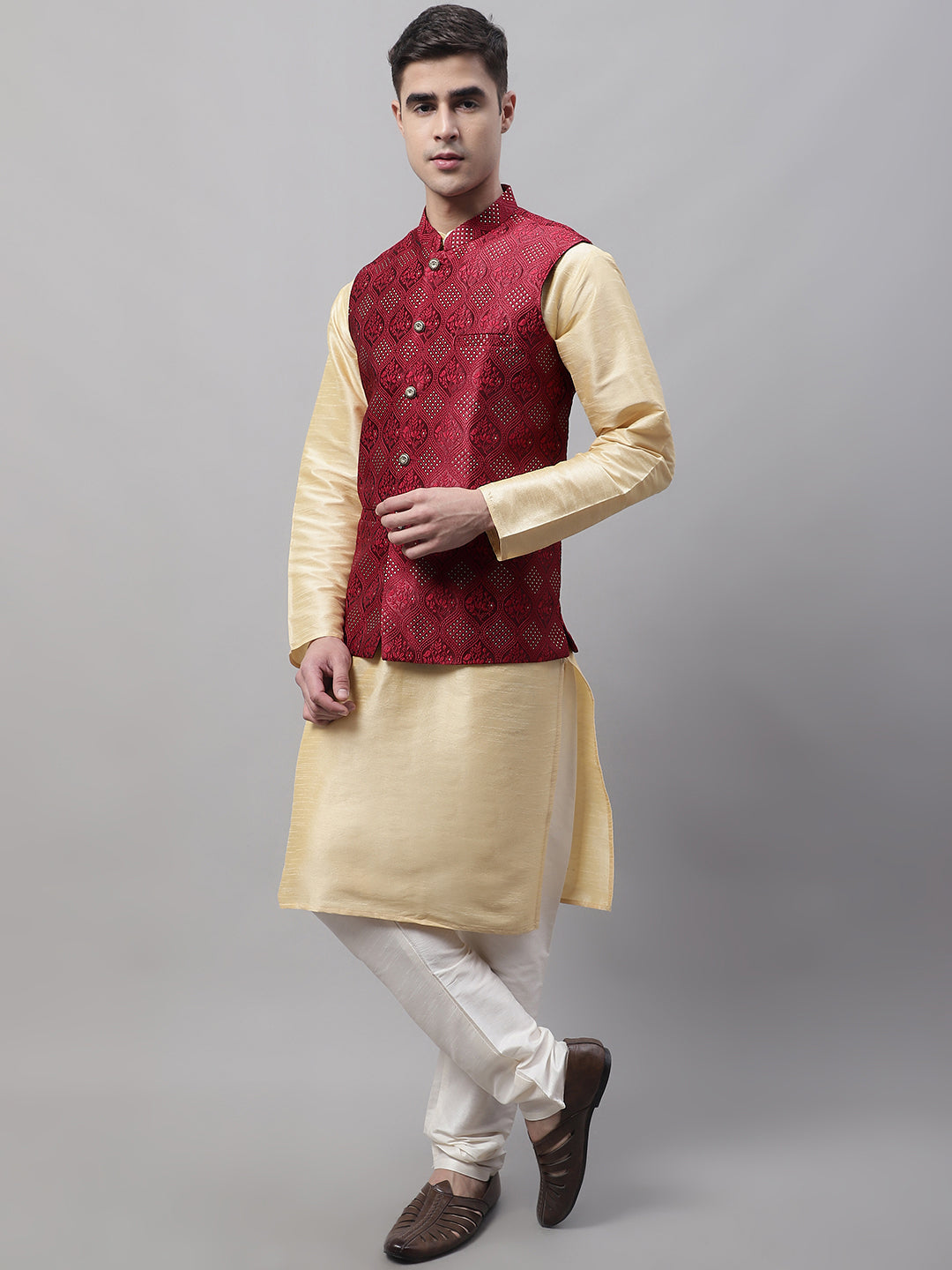 Jompers Men's Golden Solid Kurta Pyjama with Maroon Woven Design Nehru Jacket